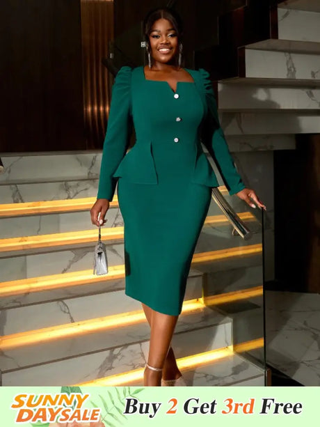AOMEIDRESS Graceful Midi Dress V Neck Long Sleeves Button Ruffles Green / S