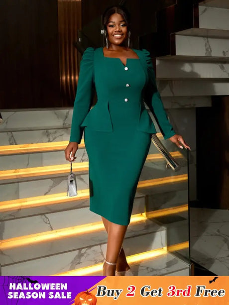 AOMEIDRESS Graceful Midi Dress V Neck Long Sleeves Button Ruffles Green / S