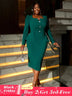 AOMEIDRESS Graceful Midi Dress V Neck Long Sleeves Button Ruffles Green / S