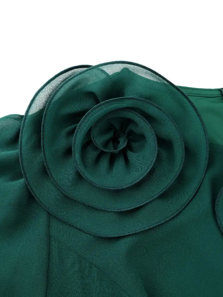 AOMEIDRESS Green A Line Chiffon Dress Sheer Sleeves 3D Flower Peplum