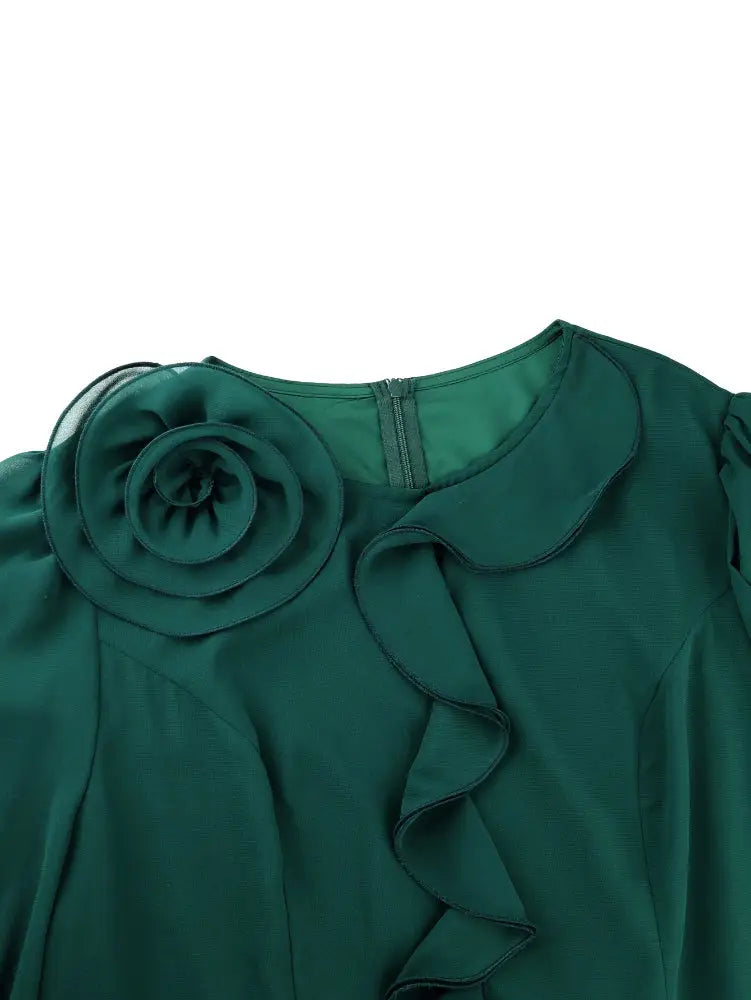 AOMEIDRESS Green A Line Chiffon Dress Sheer Sleeves 3D Flower Peplum