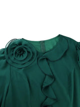 AOMEIDRESS Green A Line Chiffon Dress Sheer Sleeves 3D Flower Peplum