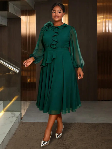 AOMEIDRESS Green A Line Chiffon Dress Sheer Sleeves 3D Flower Peplum