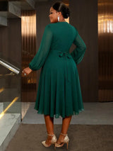 AOMEIDRESS Green A Line Chiffon Dress Sheer Sleeves 3D Flower Peplum