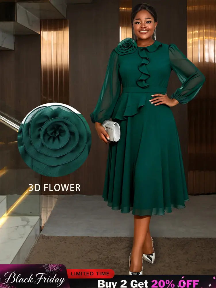 AOMEIDRESS Green A Line Chiffon Dress Sheer Sleeves 3D Flower Peplum DarkGreen / L
