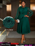 AOMEIDRESS Green A Line Chiffon Dress Sheer Sleeves 3D Flower Peplum DarkGreen / L