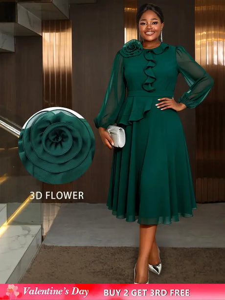 AOMEIDRESS Green A Line Chiffon Dress Sheer Sleeves 3D Flower Peplum DarkGreen / L