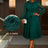 AOMEIDRESS Green A Line Chiffon Dress Sheer Sleeves 3D Flower Peplum DarkGreen / L