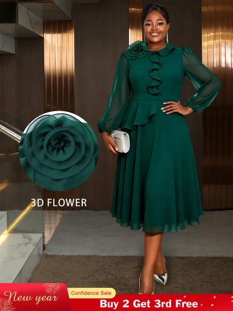 AOMEIDRESS Green A Line Chiffon Dress Sheer Sleeves 3D Flower Peplum DarkGreen / L