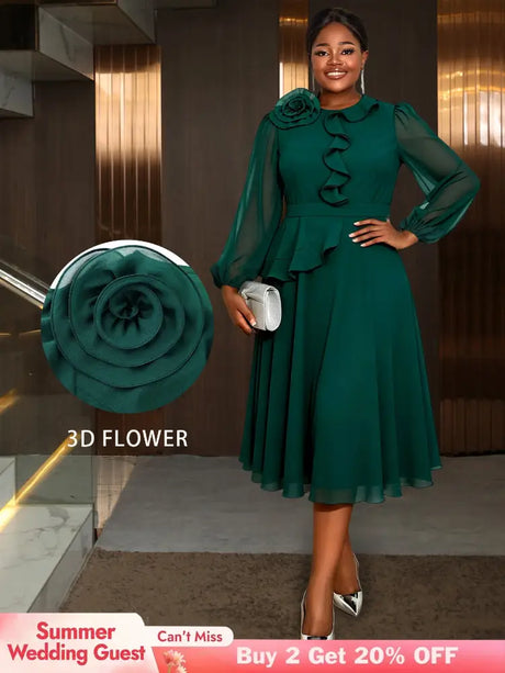 AOMEIDRESS Green A Line Chiffon Dress Sheer Sleeves 3D Flower Peplum DarkGreen / L