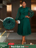 AOMEIDRESS Green A Line Chiffon Dress Sheer Sleeves 3D Flower Peplum DarkGreen / L