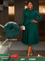 AOMEIDRESS Green A Line Chiffon Dress Sheer Sleeves 3D Flower Peplum DarkGreen / L