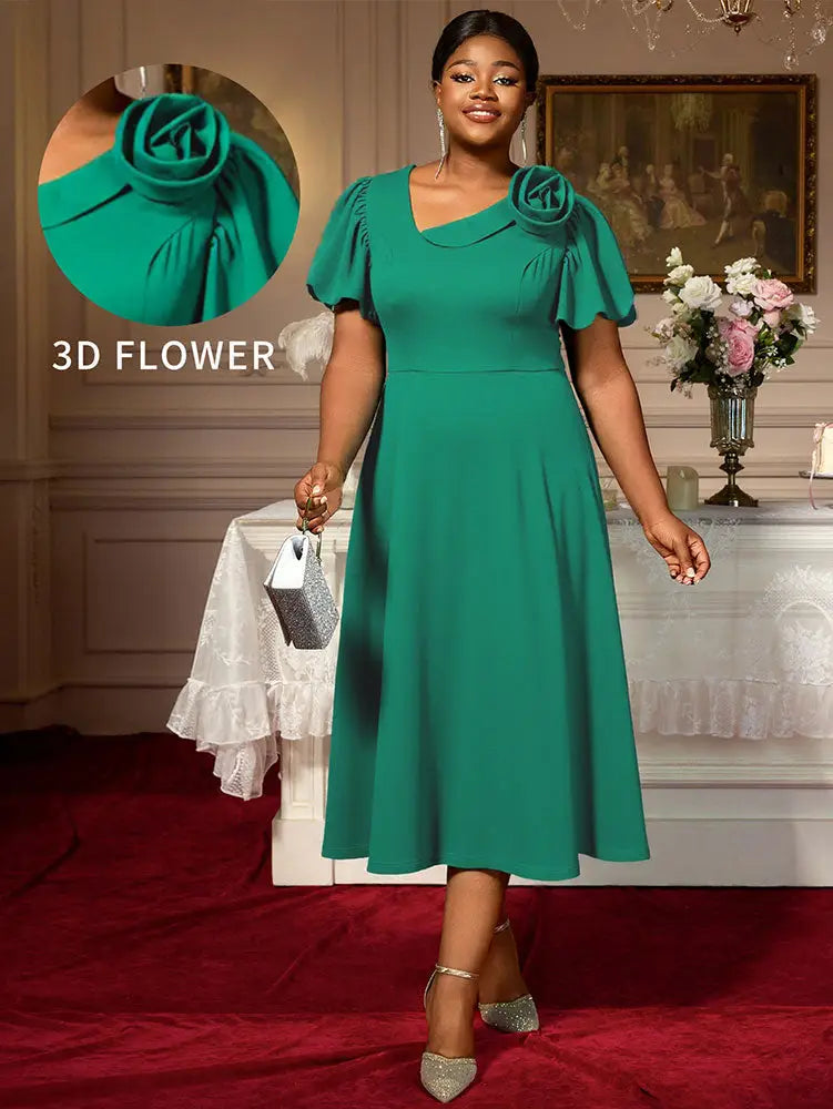 AOMEIDRESS Green A Line Church Dress 3D Floral Shoulder Causal Wear