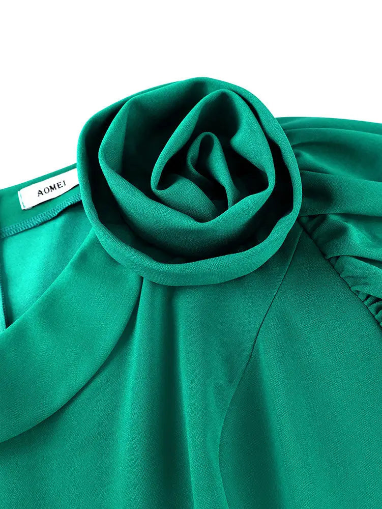 AOMEIDRESS Green A Line Church Dress 3D Floral Shoulder Causal Wear