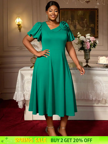 AOMEIDRESS Green A Line Church Dress 3D Floral Shoulder Causal Wear Green / L