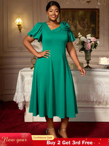 AOMEIDRESS Green A Line Church Dress 3D Floral Shoulder Causal Wear Green / L