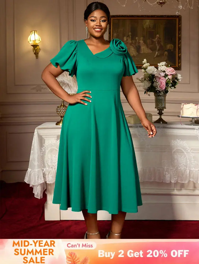 AOMEIDRESS Green A Line Church Dress 3D Floral Shoulder Causal Wear Green / L