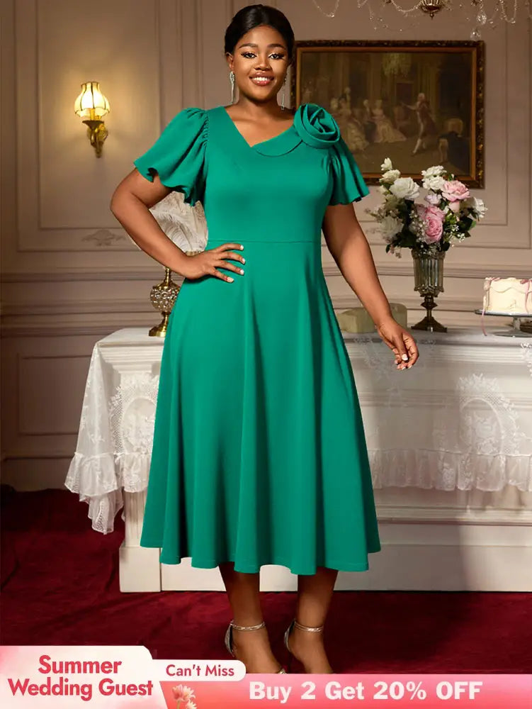 AOMEIDRESS Green A Line Church Dress 3D Floral Shoulder Causal Wear Green / L