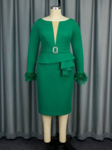 AOMEIDRESS Green Bodycon Dress V-neck Patchwork Feather Long Sleeve