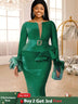 AOMEIDRESS Green Bodycon Dress V-neck Patchwork Feather Long Sleeve Green / S