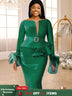 AOMEIDRESS Green Bodycon Dress V-neck Patchwork Feather Long Sleeve Green / S