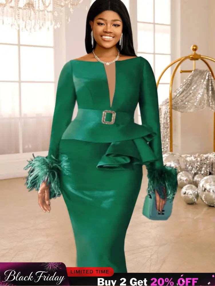 AOMEIDRESS Green Bodycon Dress V-neck Patchwork Feather Long Sleeve Green / S