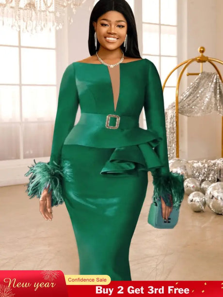 AOMEIDRESS Green Bodycon Dress V-neck Patchwork Feather Long Sleeve Green / S