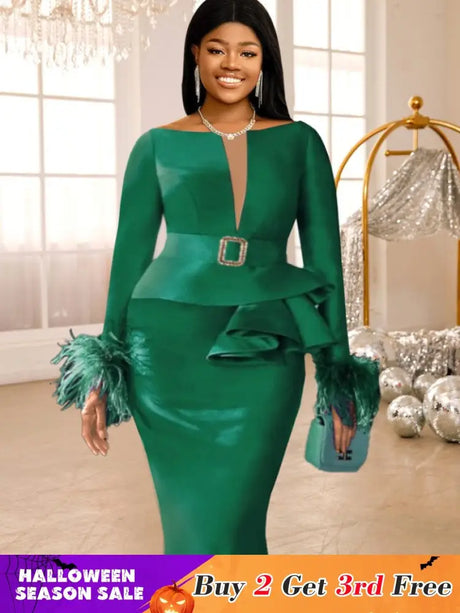AOMEIDRESS Green Bodycon Dress V-neck Patchwork Feather Long Sleeve Green / S