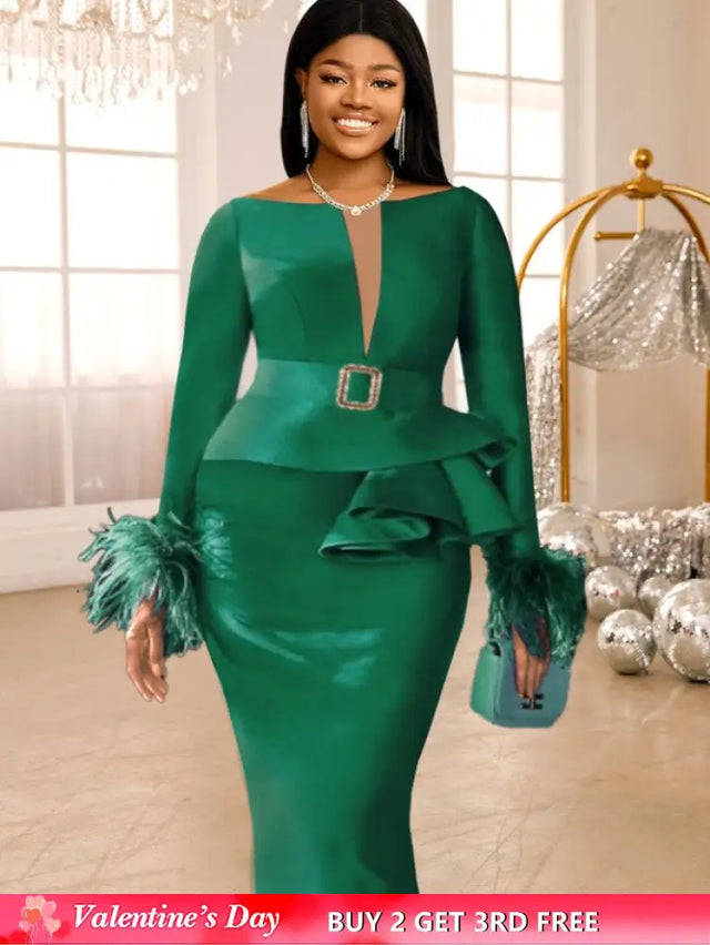 AOMEIDRESS Green Bodycon Dress V-neck Patchwork Feather Long Sleeve Green / S