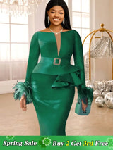 AOMEIDRESS Green Bodycon Dress V-neck Patchwork Feather Long Sleeve Green / S