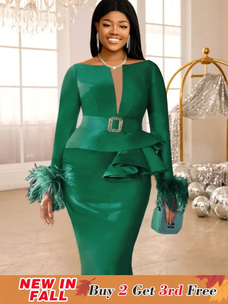 AOMEIDRESS Green Bodycon Dress V-neck Patchwork Feather Long Sleeve Green / S