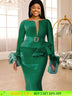 AOMEIDRESS Green Bodycon Dress V-neck Patchwork Feather Long Sleeve Green / S