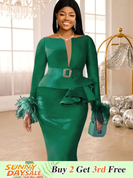 AOMEIDRESS Green Bodycon Dress V-neck Patchwork Feather Long Sleeve Green / S