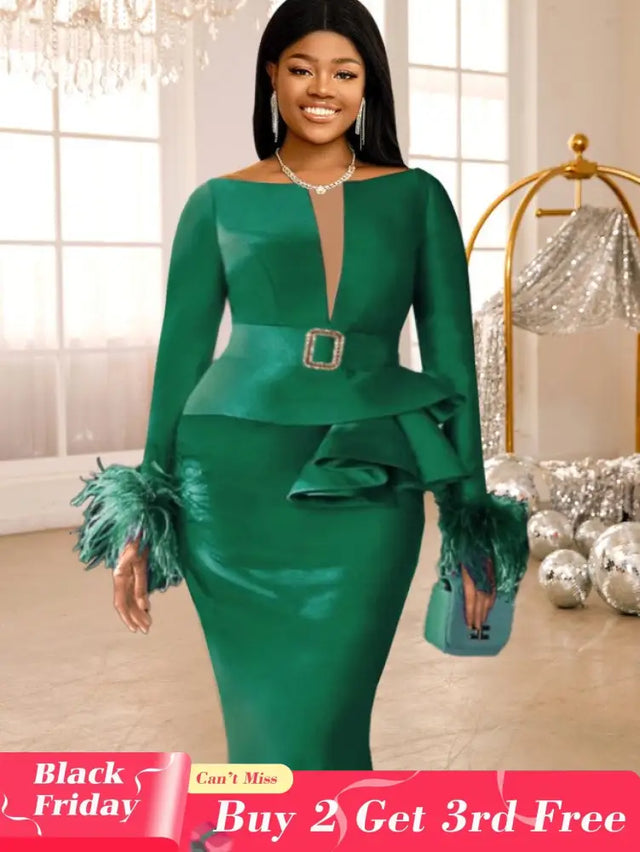 AOMEIDRESS Green Bodycon Dress V-neck Patchwork Feather Long Sleeve Green / S