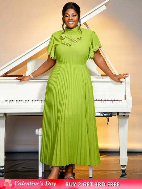 green pleated a line causal  dress for women pleated maxi dress