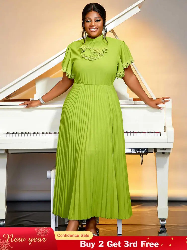 green pleated a line causal  dress for women pleated maxi dress