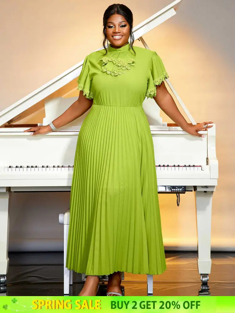 green pleated a line causal  dress for women pleated maxi dress