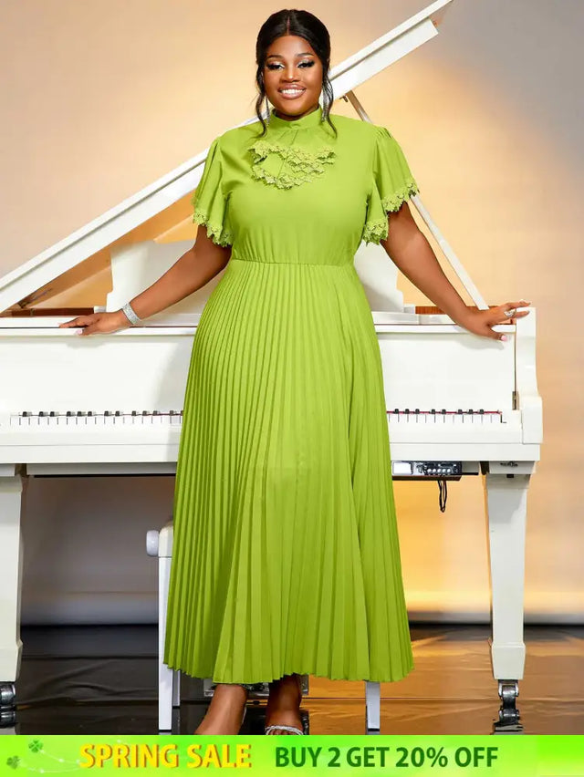 green pleated a line causal  dress for women pleated maxi dress