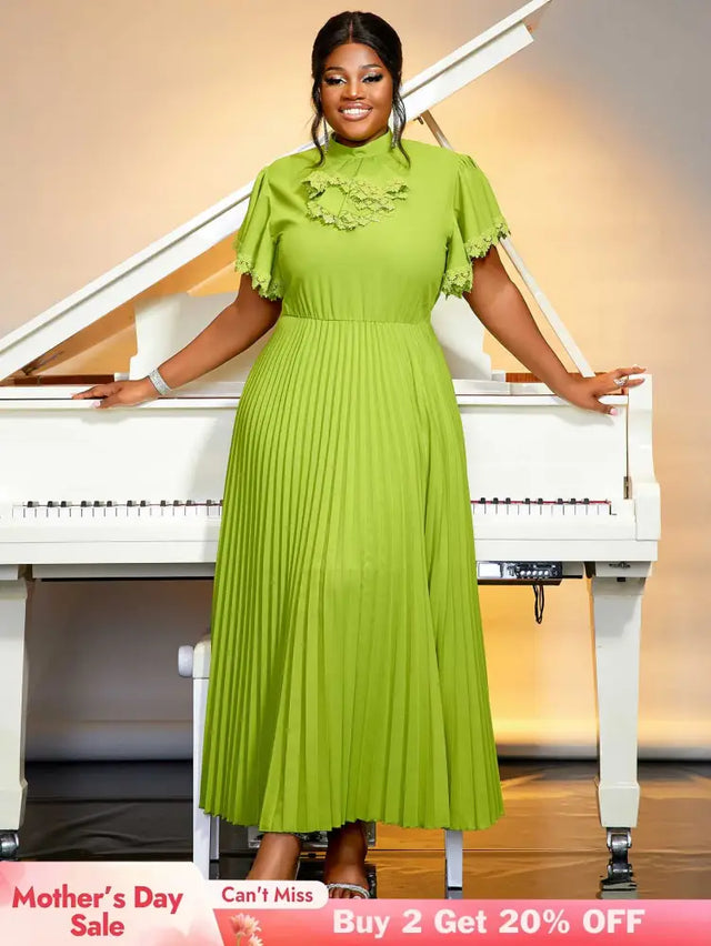 green pleated a line causal  dress for women pleated maxi dress