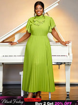 green pleated a line causal  dress for women pleated maxi dress