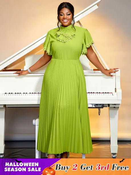 green pleated a line causal  dress for women pleated maxi dress