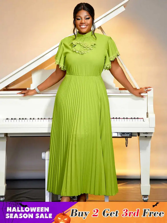 green pleated a line causal  dress for women pleated maxi dress