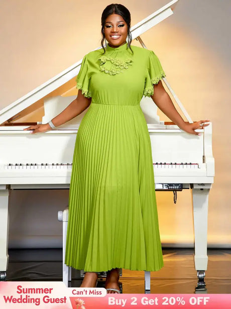 green pleated a line causal  dress for women pleated maxi dress