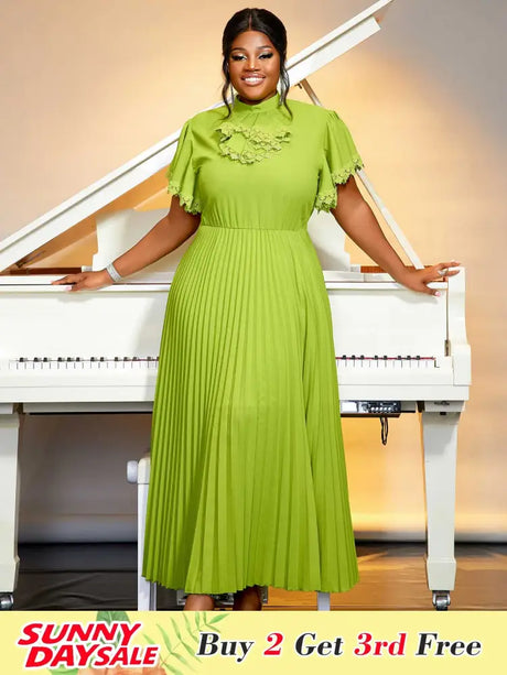 green pleated a line causal  dress for women pleated maxi dress