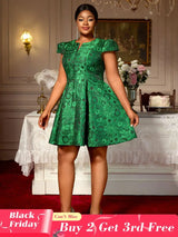AOMEIDRESS Green Jacquard A Line Dresses Short Sleeves Occasion Wedding Event Green / 0XL