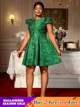 AOMEIDRESS Green Jacquard A Line Dresses Short Sleeves Occasion Wedding Event Green / 0XL