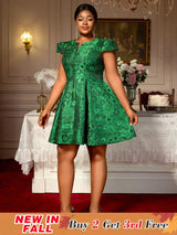AOMEIDRESS Green Jacquard A Line Dresses Short Sleeves Occasion Wedding Event Green / 0XL