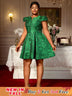 AOMEIDRESS Green Jacquard A Line Dresses Short Sleeves Occasion Wedding Event Green / 0XL