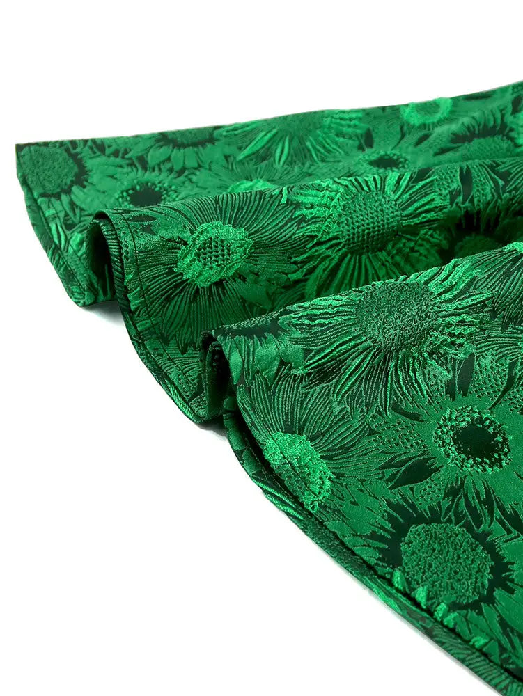 AOMEIDRESS Green Jacquard A Line Dresses Short Sleeves Occasion Wedding Event