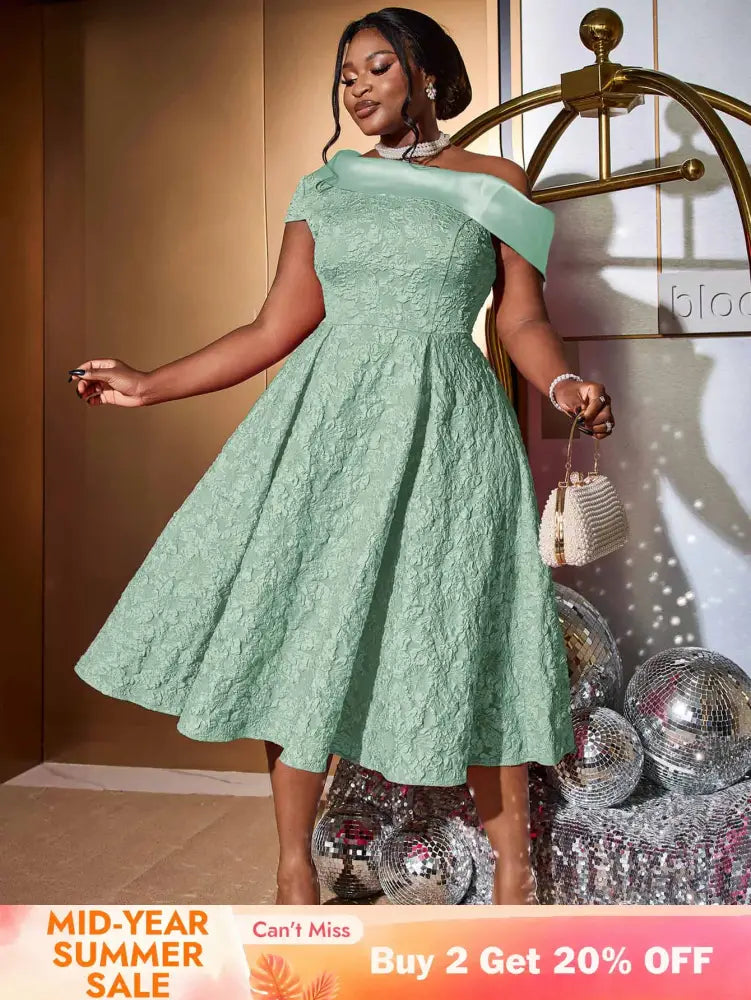 AOMEIDRESS Green Jacquard A Line Dresss Cold Shoulder Irregular Floral

